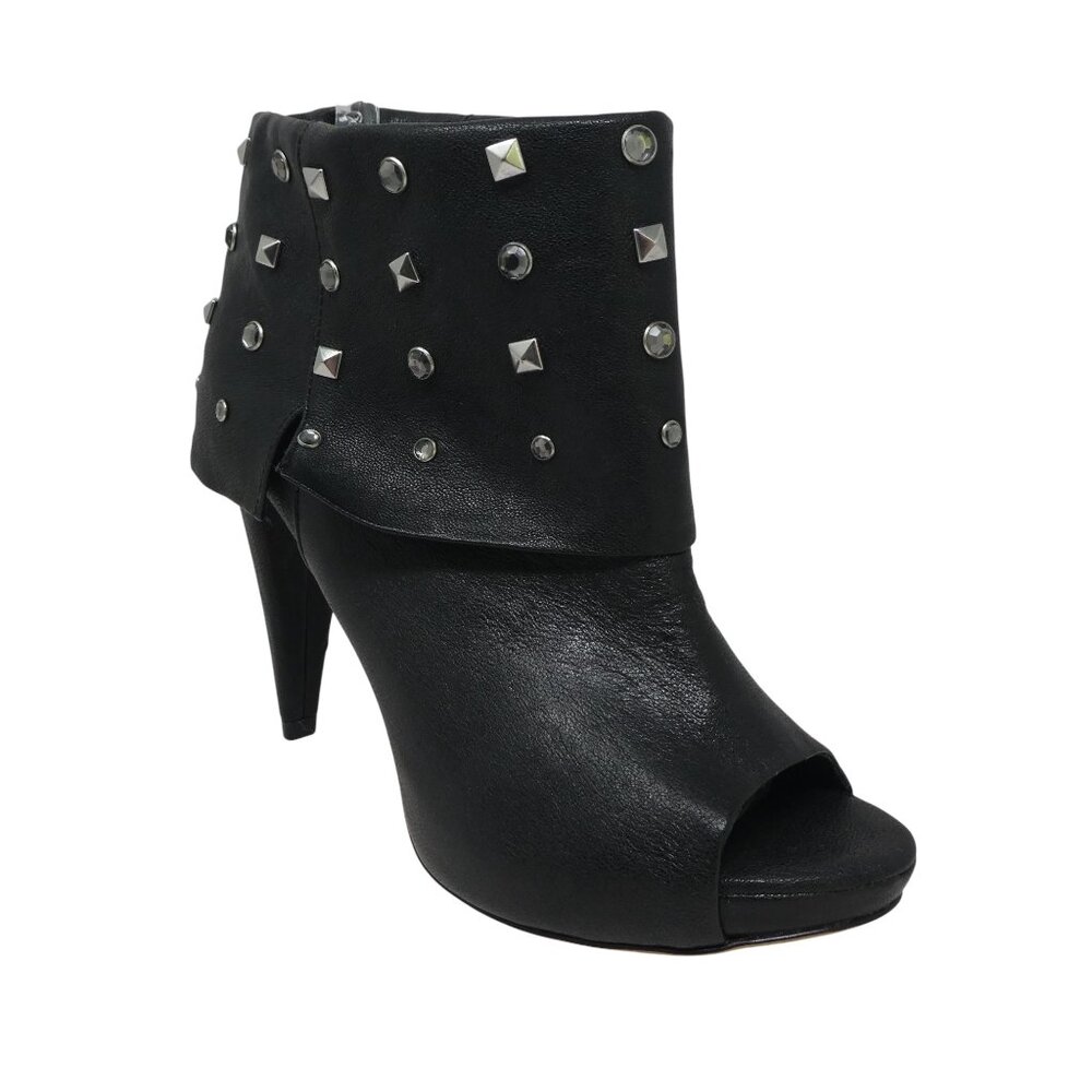 Vince Camuto Aviator Black Leather Studded Cuffed Peep Toe‎ Heeled Ankle Boots